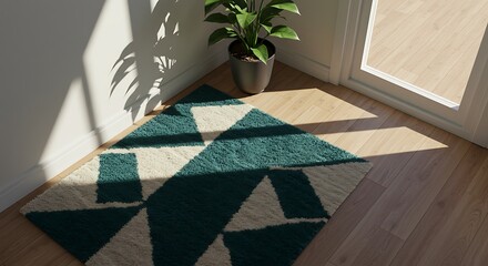 Modern Rug in Sunlight with Plant, Interior Decor Accent - Stylish Home Corner