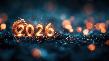 Golden 2026 dragon year, glowing numerals on dark backdrop