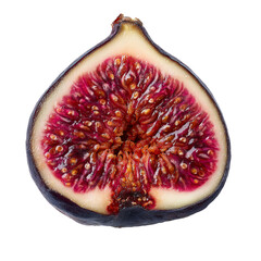 Fresh fig sliced open, showing deep purple skin and pink-red interior, isolated on white background. PNG