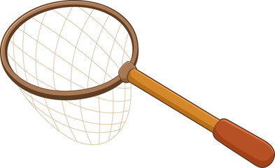 Cartoon illustration of a fishing net with a long wooden handle for catching.