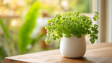 Curly Parsley grows in a White Pot. Represents healthy eating, nutrition, fresh food. Suitable for marketing, web design, editorial.