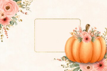 Autumn Floral Pumpkin Frame with Blank Center for Seasonal Greeting Cards.