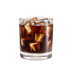 Minimalist glass tumbler filled with iced coffee, ice cubes visible, studio white background. PNG