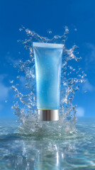 A beauty skincare product in a vial surrounded by fresh water on a blue sky background.
