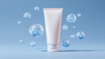 A total white vial mockup with bubbles. Beauty skincare product.