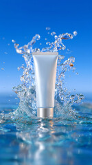 A beauty skincare product in a vial surrounded by fresh water on a blue sky background.