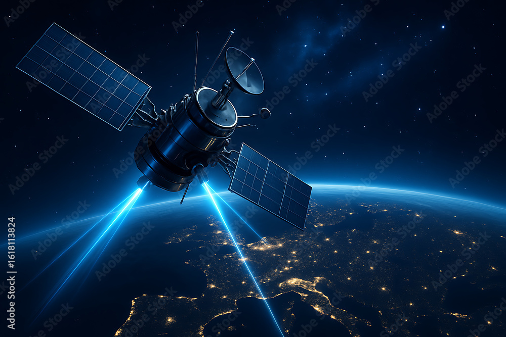 Poster communication satellite floating over earth displaying advanced solar arrays and laser transmission 
