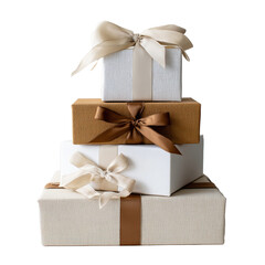 modern holiday gift stack, neutral tones, minimalist ribbons, clean white backdrop. PNG
