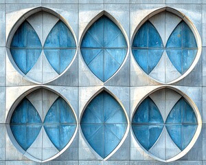 Geometric facade with repeating blue-tinted windows