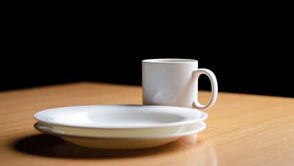 Minimalist Scene of White Mug and Stacked Plates on Wooden Table with Black Background for Food and Drink Presentation