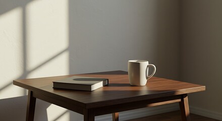 A tranquil morning scene with a coffee mug and a book on a wooden table, bathed in warm sunlight and casting long shadows.