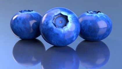 Three blueberries with vibrant colors and a reflective surface create a stunning visual