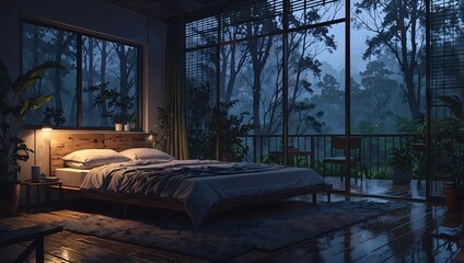 Cozy bedroom overlooking a rainy forest at night, tranquil anime style illustration