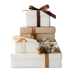 modern holiday gift stack, neutral tones, minimalist ribbons, clean white backdrop. PNG