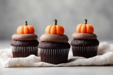 Chocolate Cupcakes with Pumpkin Toppers on Linen: Autumn Dessert Trio.