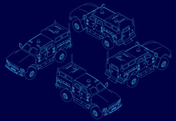 Four military vehicles in blueprint style stand out against a blue background. The armored and police vehicles feature detailed contours, headlights, grilles, and wheels. Isometric view. 3D