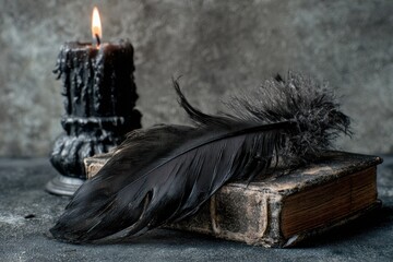 Black Feather and Candle on Old Book - Moody Vintage Still Life.