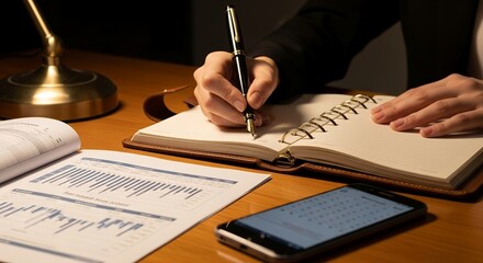 Focused Person Writing in a Notebook with Financial Documents