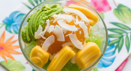 Exotic Asian shaved ice dessert with fresh avocado, sweet jackfruit, and coconut flakes on a tropical leaf background.