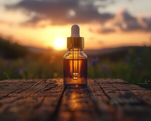 Golden sunset, amber oil, wooden table