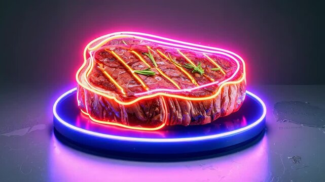 Juicy grilled steak with neon lights creating a vibrant, modern presentation.