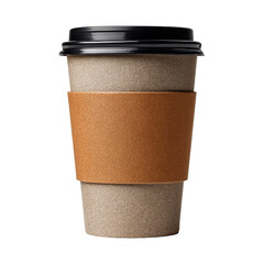 Paper coffee cup with kraft sleeve, plastic lid, takeaway style, isolated on white background. PNG