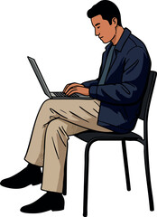 Man Sitting on Chair Working on Laptop Computer Vector Illustration 