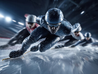 Full-body shot of male speed skater slicing across ice with intense focus during indoor race. Concept of winter sport, velocity, technique, balance, power, and elite competition.