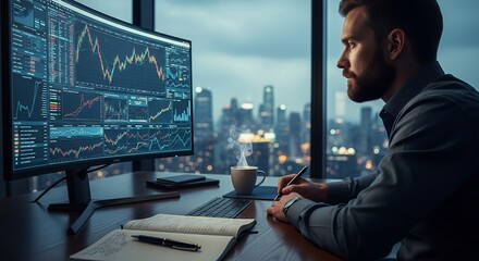 Focused Trader Analyzing Stock Market Data on Large Monitor