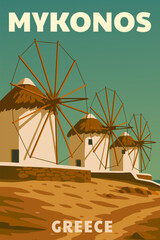 Poster Travel Greece Mykonos, white windmills, old Mediterranean European culture vector illustration