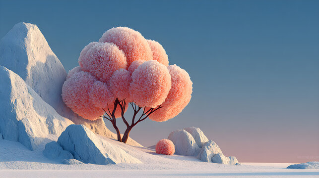 Minimalist winter-themed landscape, soft pastel pink-blue tones, stylized fir tree and snowballs, realistic HD