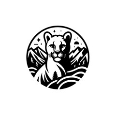 Stylized Black and White Cougar Portrait with Mountain Landscape.