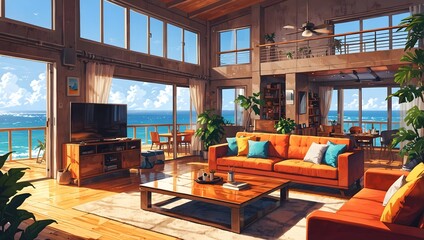 Modern sunlit living room with a beautiful ocean view, luxury beach house anime interior illustration