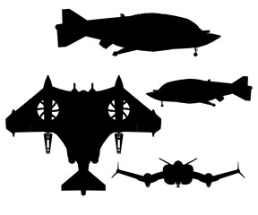 Four black silhouettes of military aircraft in combat formation against a clean white background. The fighter jets showcase sharp angular designs with dynamic wing positions.