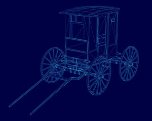 A 3D wireframe model of a horse-drawn carriage stands out against a solid blue background. The retro cart features intricate details, showcasing realistic proportions and clean lines.