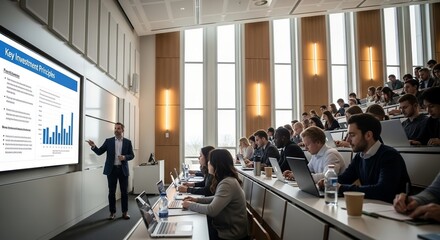 Lecture on Investment Principles: Professor Presenting to a Large Class of Students