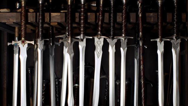 Intricate Array of Medieval Swords on Rack in Dark Fantasy Armory Blades Gleaming
