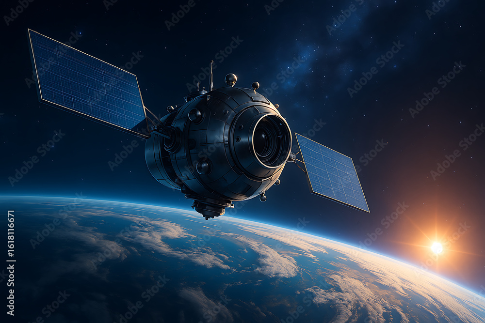 Poster high resolution satellite technology floating in orbit above earth with glowing clouds and sunrise a