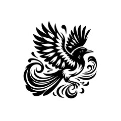 Obraz premium Stylized Black Bird with Elaborate Swirling Tail Feathers in Flight.