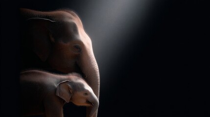 Naklejka premium A touching moment between a mother and her calf elephant. The image captures their bond in a dramatic, low-light style. Perfect for wildlife themes or conservation efforts. AI