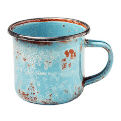 Rustic enamel camping mug with chipped paint detail, isolated on white background. PNG