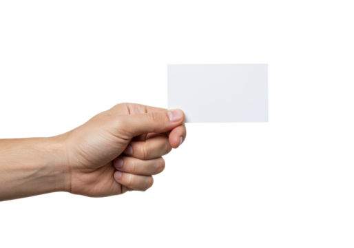 light-skinned adult hand holding a pristine blank white card, presented against a clean transparent studio background with copy space, high-angle UHD photo. Concept of potential and customization