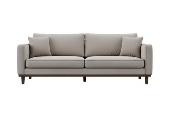 Light beige couch with wooden legs.