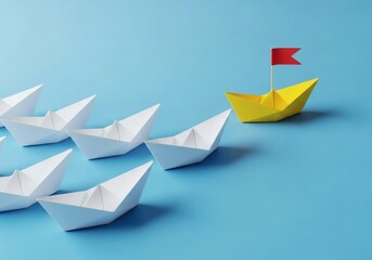 A bright yellow paper boat with a red flag leads a line of white paper boats