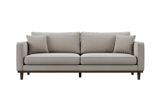 Light beige couch with wooden legs.