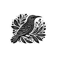 Fototapeta premium Stylized Black Silhouette of a Bird Perched Among Decorative Foliage.