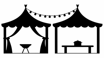 Two tents with a string of lights barbecue and a pot on a table in silhouette illustration design | editable eps vectors