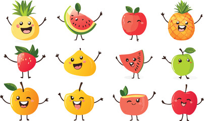 Naklejka premium Cheerful Cartoon Fruits with Smiling Faces and Raised Arms on White Background