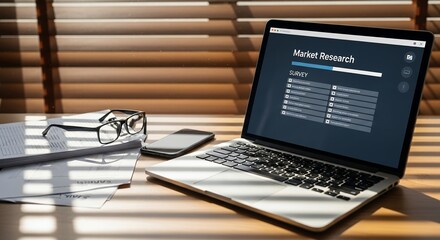 Market Research Survey on Laptop Screen with Documents and Phone
