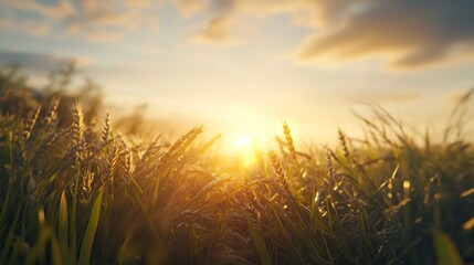 Fototapeta premium A field of wheat at sunset with golden light shining through the stalks and a cloudy sky above it